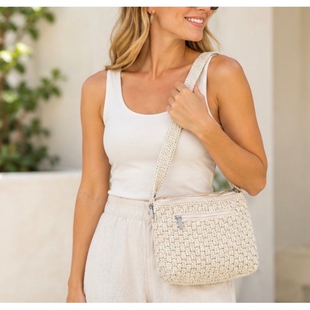 The Sak Original Crochet Crossbody Bag purse Cream Woven Zip Shoulder Bag Boho
